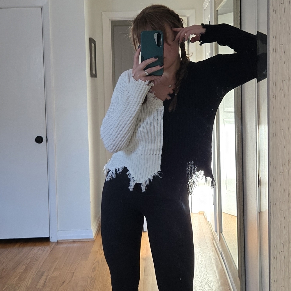 SHEIN Black and White Distressed Knit Sweater Medium